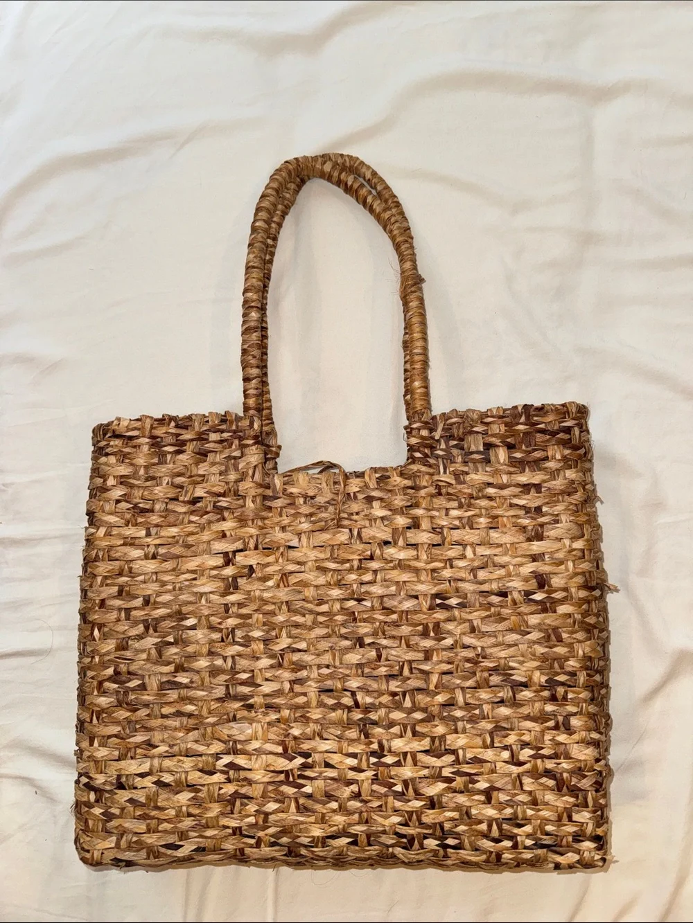 Large Handwoven Brown Straw Tote Bag with Top Handles